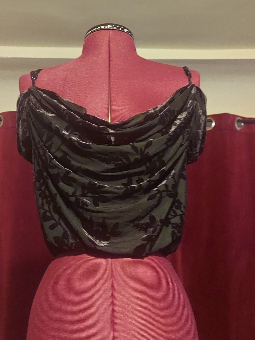 Black Floral Burnout Velvet Off-Shoulder Cowl Neck Crop Top - Sz. M